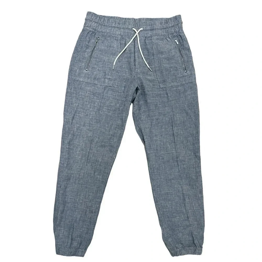 Athleta Linen Cabo Jogger Pants Blue Chambray Travel Beach Outdoor Size 12